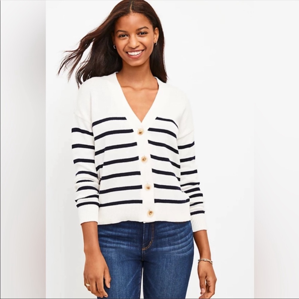 Loft White and Navy Striped Stripe V Neck Cardigan